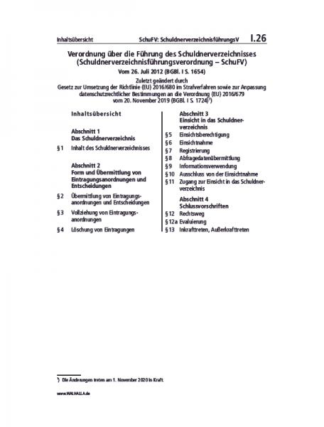 I.26 | SchuFV: SchuldnerverzeichnisführungsV