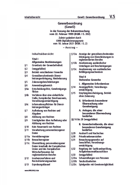 V.05 | GewO: Gewerbeordnung (Auszug)
