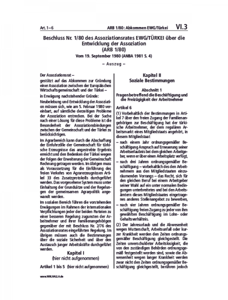 VI.03 | ARB 1/80: Abkommen EWG/Türkei (Auszug)