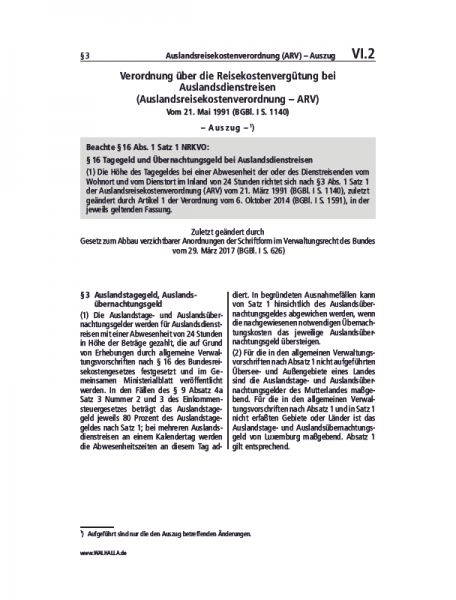 VI,.02 | Auslandsreisekostenverordnung (ARV) – Auszug
