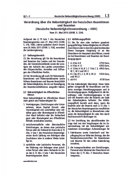 I.03 | Hessische Nebentätigkeitsverordnung (HNV)