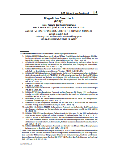 I.06 | BGB: Bürgerliches Gesetzbuch (Auszug Geschäftsfähigkeit, Selbsthilfe, Notwehr, Notstand)
