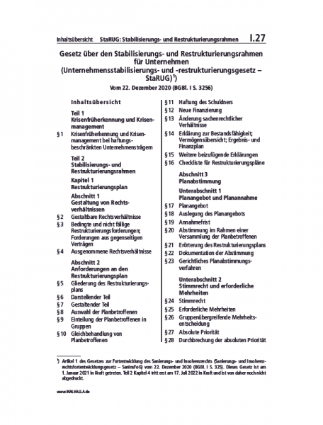I.27 | StaRUG: Stabilisierungs- und Restrukturierungsrahmen