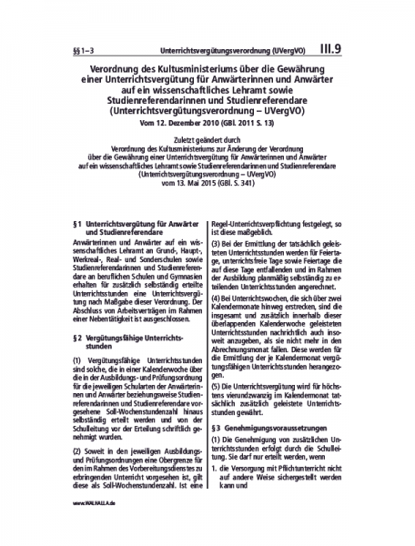 III.09 | Unterrichtsvergütungsverordnung (UVergVO)