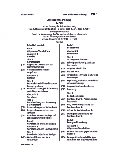 VII.01 | ZPO: Zivilprozessordnung (Auszug)