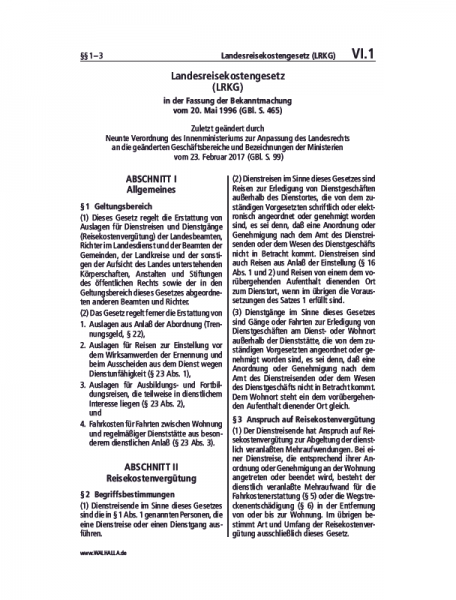 VI.01 | Landesreisekostengesetz (LRKG)