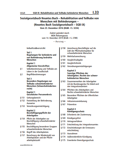 I.33 | SGB IX: Rehabilitation und Teilhabe behinderter Menschen (Auszug)