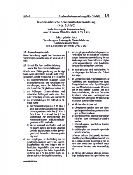 I.09 | Sonderurlaubsverordnung (Nds. SUrlVO)