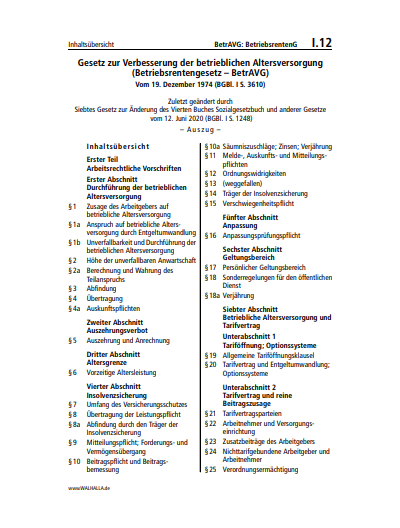 I.12 | BetrAVG: BetriebsrentenG (Auszug)