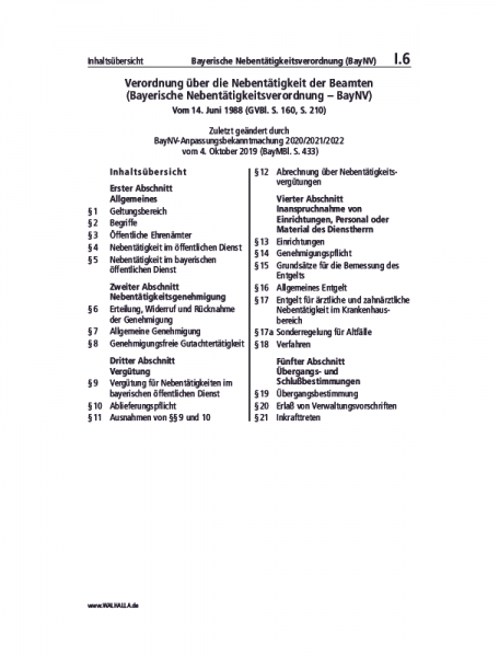 I.06 | Bayerische Nebentätigkeitsverordnung (BayNV)