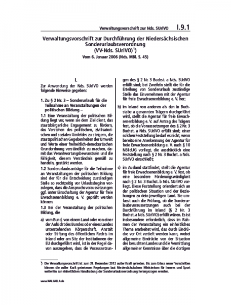 I.09.01 | Verwaltungsvorschrift zur Nds. SUrlVO