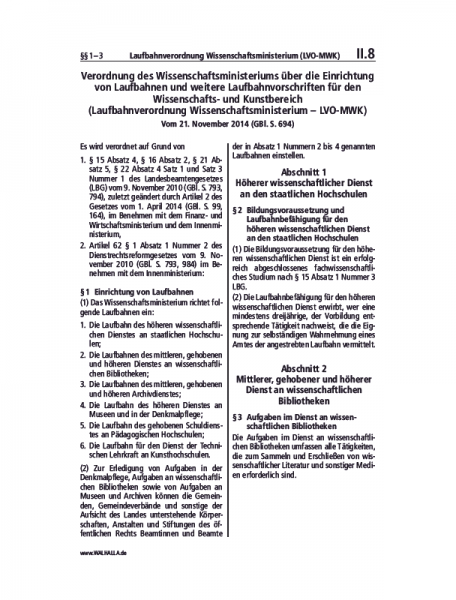 II.08 | Laufbahnverordnung Wissenschaftsministerium (LVO-MWK)
