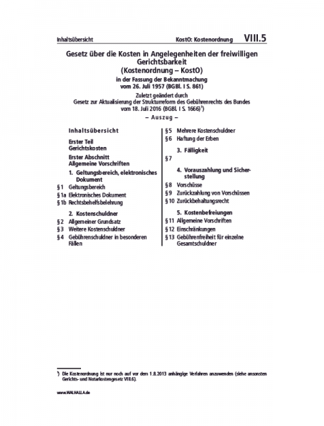 VIII.05 | KostO: Kostenordnung (Auszug)