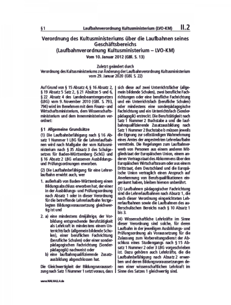 II.02 | Laufbahnverordnung Kultusministerium (LVO-KM)