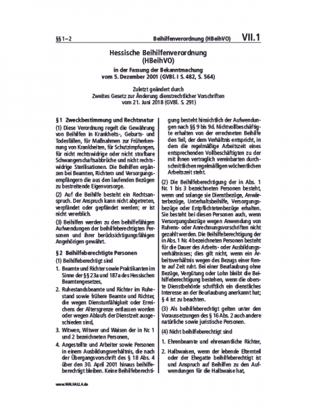 VII.01 | Beihilfenverordnung (HBeihVO)