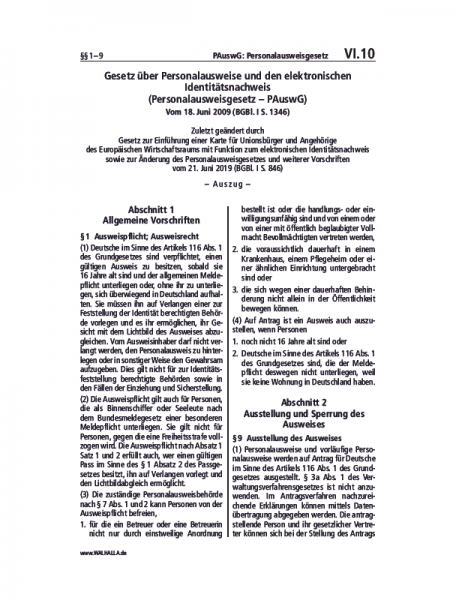 VI.10 | PAuswG: Personalausweisgesetz (Auszug)