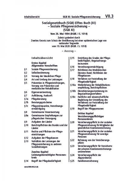 VII.03 | SGB XI: Soziale Pflegeversicherung (Auszug)