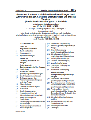 III.05 | BImSchG: Bundes-ImmissionsschutzG (Auszug Genehmigungsbedürftige Anlagen)