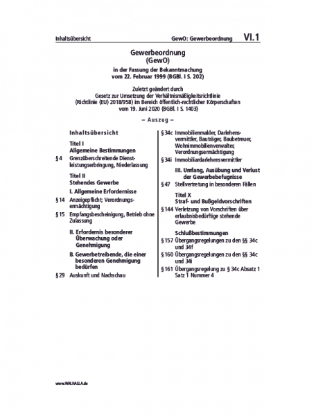 VI.01 | GewO: Gewerbeordnung (Auszug)