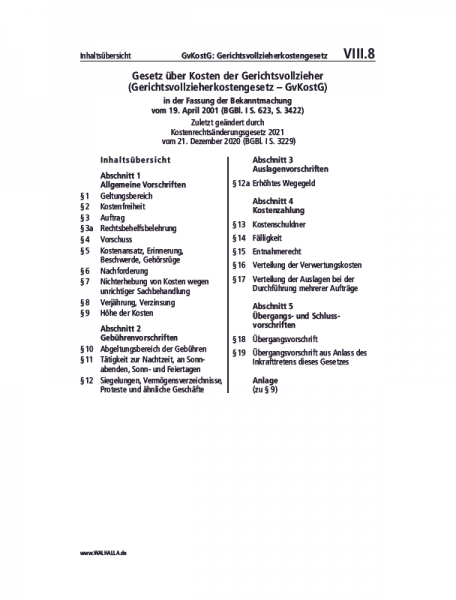 VIII.08 | GvKostG: Gerichtsvollzieherkostengesetz