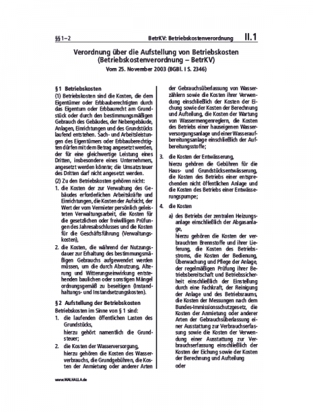 II.01 | BetrKV: Betriebskostenverordnung
