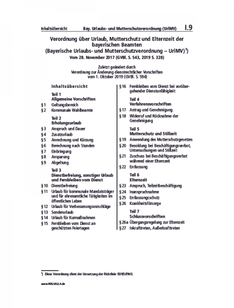 I.09 | Bayerisches Urlaubs- und Mutterschutzverordnung (UrlMV)