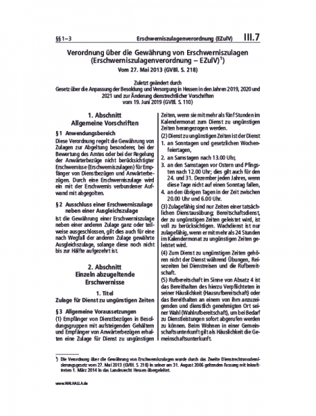 III.07 | Erschwerniszulagenverordnung (EZulV)