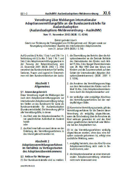 XI.06 | AuslAdMV: Auslandsadoptions-Meldeverordnung