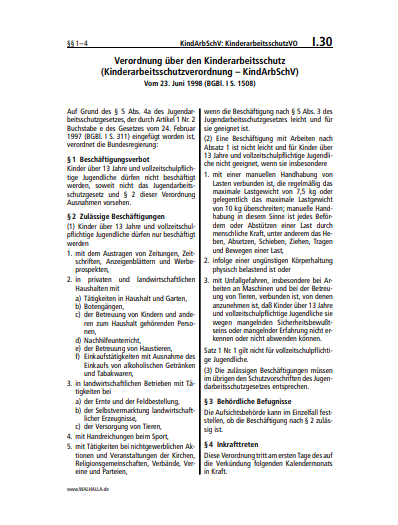 I.30 | KindArbSchV: KinderarbeitsschutzVO