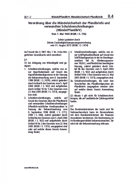 II.04 | MündelPfandBrV: Mündelsicherheit Pfandbriefe