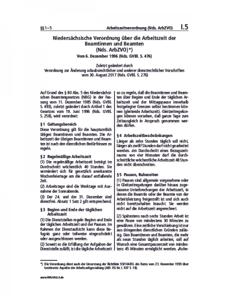 I.05 | Arbeitszeitverordnung (Nds. ArbZVO)