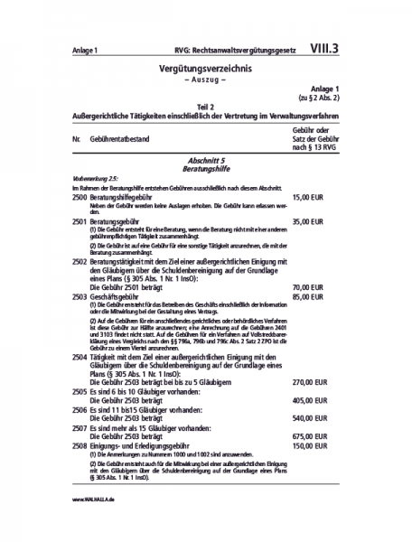 VIII.03 Anlage | RVG: Rechtsanwaltsvergütungsgesetz (Auszug)