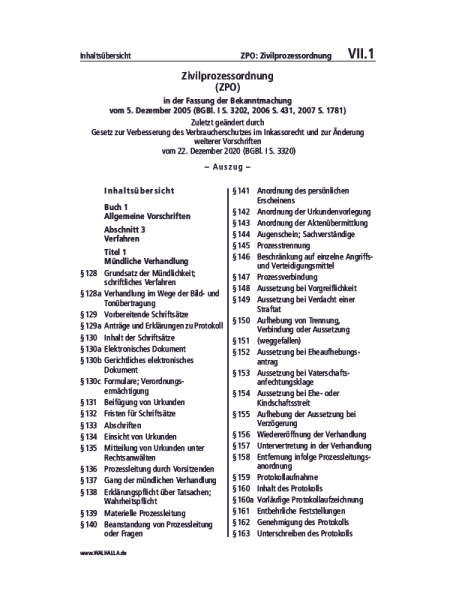VII.01 | ZPO: Zivilprozessordnung (Auszug)