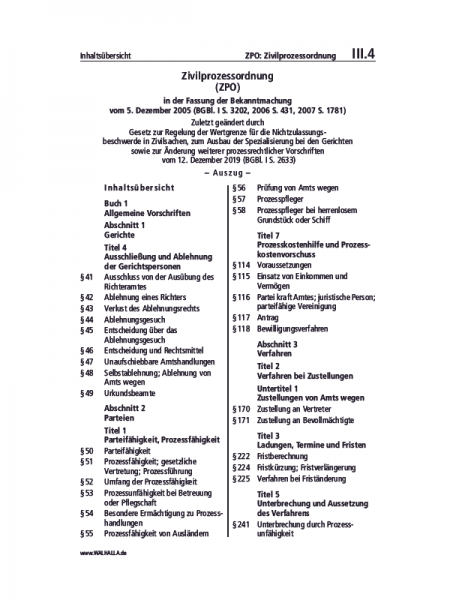 III.04 | ZPO: Zivilprozessordnung (Auszug)