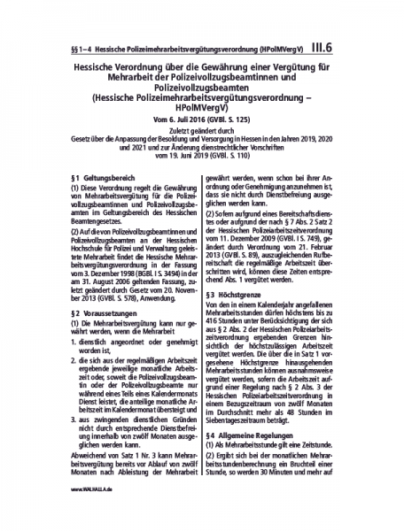 III.06 | Hessische Polizeimehrarbeitsvergütungsverordnung (HPolMVergV)