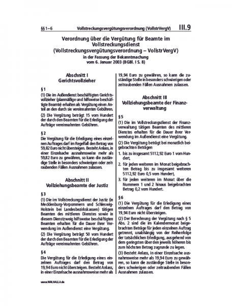 III.09 | Vollstreckungsvergütungsverordnung (VollstrVergV)