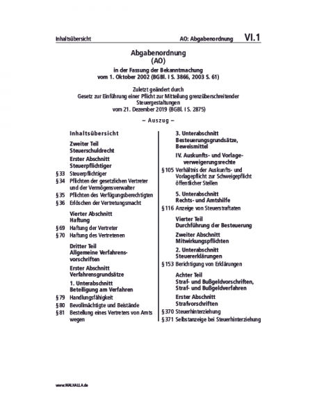 VI.01 | AO: Abgabenordnung (Auszug)