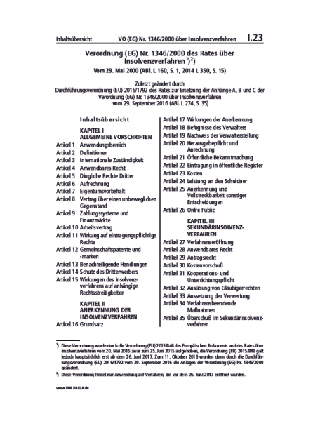 I.23 | VO (EG) Nr. 1346/2000 über Insolvenzverfahren